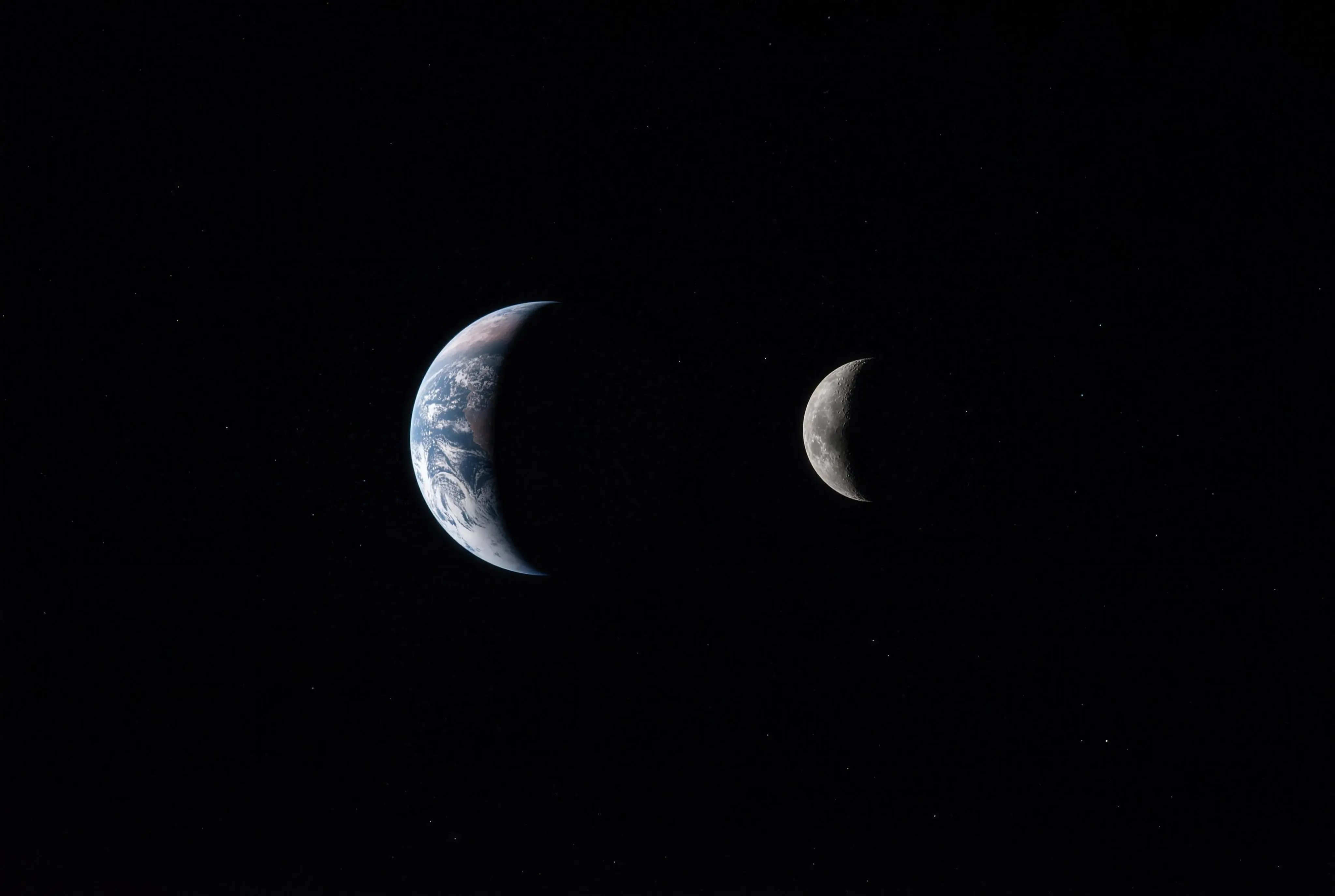 Artist’s concept of Earth and the Moon as two crescents in the same frame, seen from deep space.